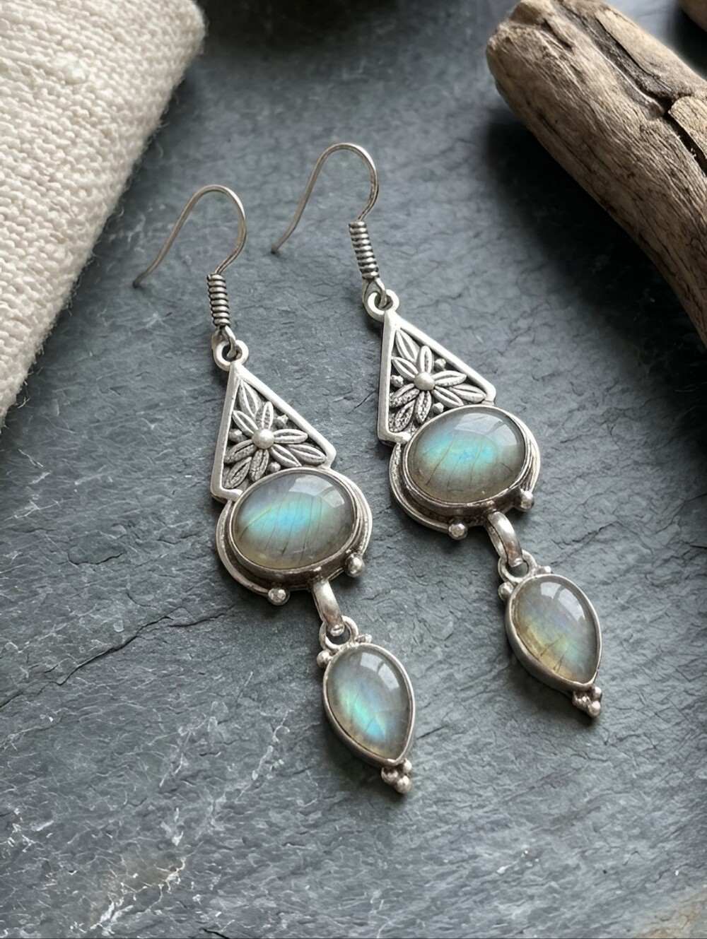 925 Sterling Silver Genuine Labradorite Artisan Handcrafted Dangle Earrings 2.7" - Picture 5 of 16